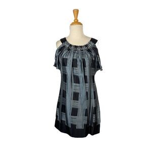 Kas New York S Blue Gray Silk Plaid Shift Dress Y2K VTG Cold Shoulder Art Party